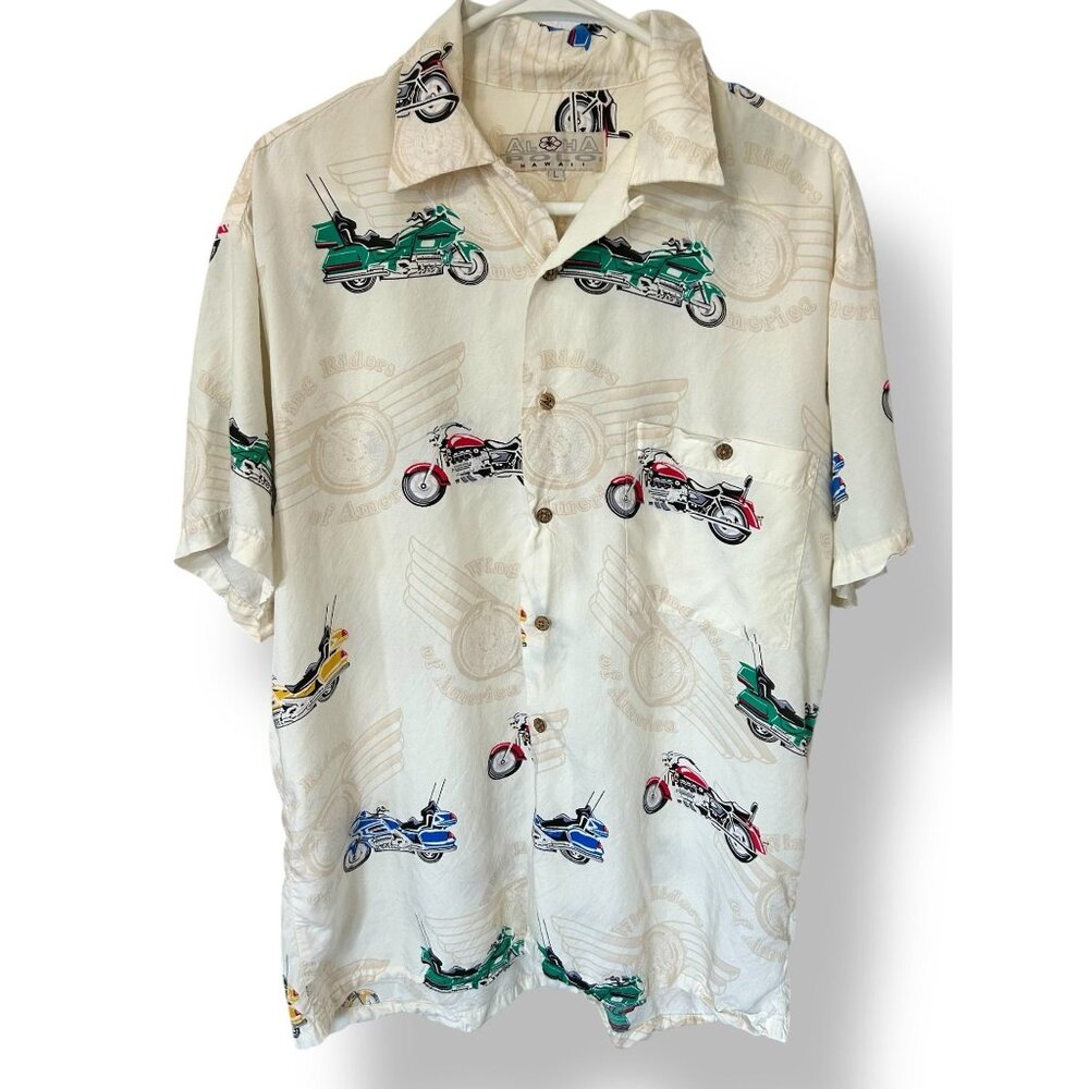 Vintage Aloha Polo Hawaii Motorcycle Print Button-Up Shirt L